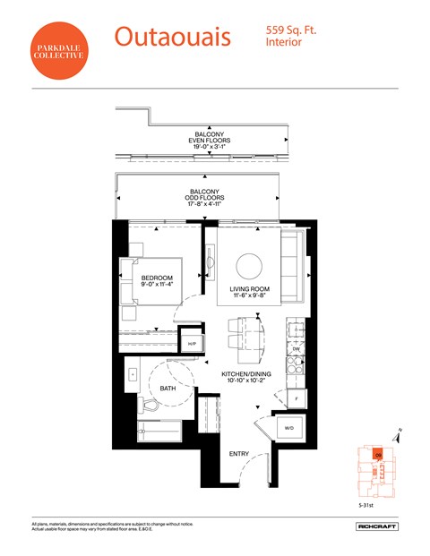 Floor plan for 1 bed, 1 bath, 559 sqft